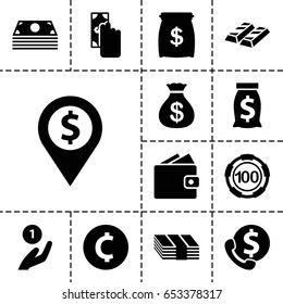 Currency icon. set of 13 filled currencyicons such as 100 casino chip, money sack, money sack, cash payment, coin, coin on hand, wallet, money, bank support, dollar location