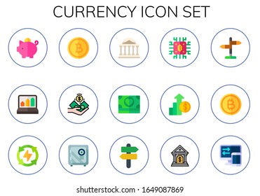 conjunto de iconos de moneda. 15 iconos de moneda plana. Incluye cantera, beneficios, baht, dinero, banco, bitcoin, beneficio, signo, ahorro, caja fuerte, iconos de transferencia