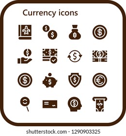  currency icon set. 16 filled currency icons. Simple modern icons about  - Passbook, Coins, Bitcoin, Coin, Money, Currency exchange, Piggy bank, Dodge, Cheque, Atm
