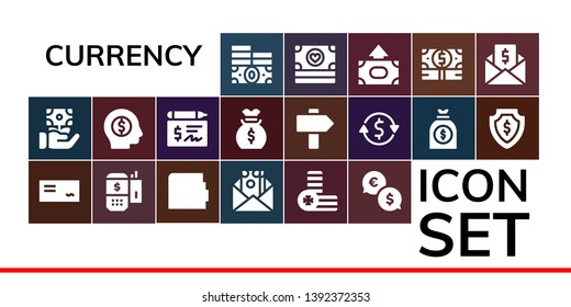 currency icon set. 19 filled currency icons.  Collection Of - Money, Cheque, Payment terminal, Wallet, Coins, Exchange, Money bag, Sign, Currency exchange