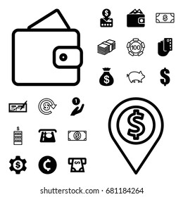 Currency icon. set of 20 currency filled and outline icons such as money sack, atm money withdraw, dollar, dollar gear, wallet, pig, coin, 100 casino chip, coin, coin on hand