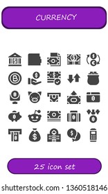 currency icon set. 25 filled currency icons.  Collection Of - Bank, Wallet, Money, Exchange, Bitcoin, Payment, Transfer, Gold, Pig, Atm, Piggy bank, Reddit, Money bag, Casino