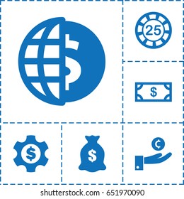 Currency icon. set of 6 currency filled icons such as money, 25 casino chip, money sack, dollar gear, hand on coin