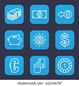 Currency icon. set of 9 outline currency icons such as Coin, 1 casino chip, money dollar, euro, money box, creadit card payment, coin, money
