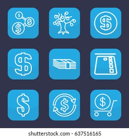 Currency icon. set of 9 outline currency icons such as dollar, dollar coin, money, money tree, money exchange, dollar sign