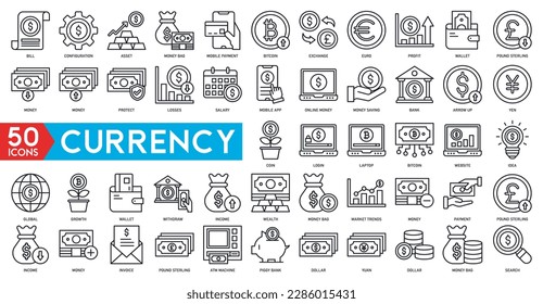 Currency icon set - certificate vector, exchange, gold ingot, japanese candle, credit card, wallet, cash, money bag, piggy bank, dollar growth, coin stack, check, building, medal, shield, monitor