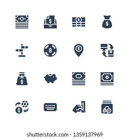 currency icon set. Collection of 16 filled currency icons included Savings, Insert coin, Cheque, Exchange, Money, Piggy bank, Money bag, Casino, Sign, Banknote, Taxes