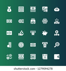 currency icon set. Collection of 25 filled currency icons included Wallet, Save, Safe box, Money, Exchange, Withdraw, Dollar coins, Coin stack, Bitcoin, Piggy bank, Atm, Payment
