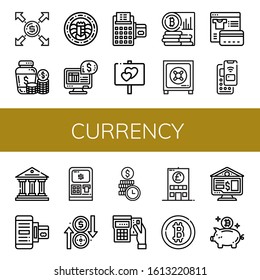 currency icon set. Collection of Dollar, Money jar, Coin, Online banking, Credit card, Sign, Bitcoin, Safe box, Payment, Pay, Bank, Payment method, Atm, Exchange, Time is money icons