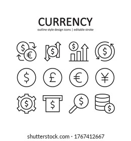 Currency icon set. Contains such Icons as graph, exchange, trade and more. Line style design. Vector graphic illustration. Suitable for website design, logo, app, template, ui. Editable stroke.