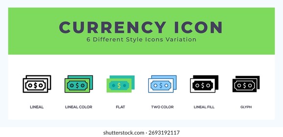 Currency icon set with different styles. Design elements for logo. Vector illustration.