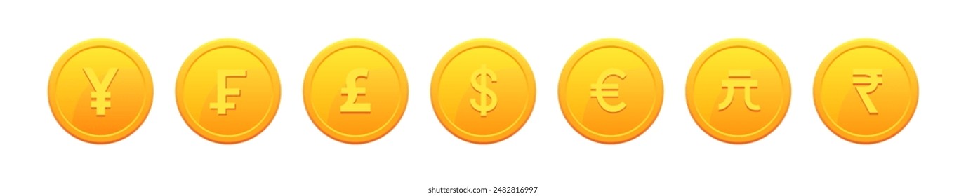 Currency icon set. Dollar, Euro, Pound, Rupee, Yen, Yuan, Franc. Vector EPS 10