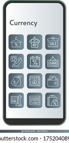 currency icon set. included gift, calendar, shopping bag, sale, shirt, shop, wallet, towel, price tag, phone call, closed, barcode icons on phone design background . linear styles.