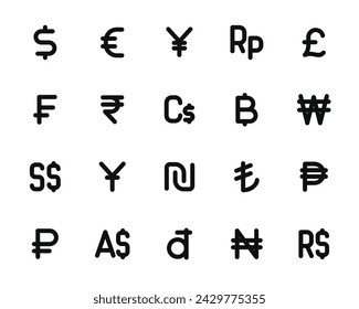 Conjunto de iconos de moneda aislado sobre fondo blanco