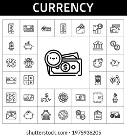 currency icon set. line icon style. currency related icons such as wallet, piggy bank, coins, voucher, investment, salary, upermarket, dollar, saving, bank, money, exchange