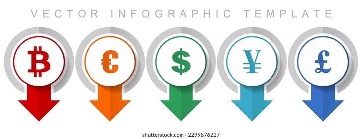 Currency icon set, miscellaneous pointer icons such as bitcoin, euro, dollar, yen and pound for webdesign and mobile applications, modern design infographic vector template
