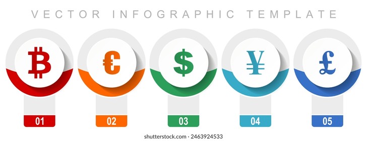 Currency icon set, miscellaneous vector icons such as bitcoin, euro, dollar, yen and pound, modern design infographic template, web buttons in 5 color options