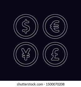 Currency icon set. Money sign. Euro, Dollar, Yen, Pound. Vector illustration. 