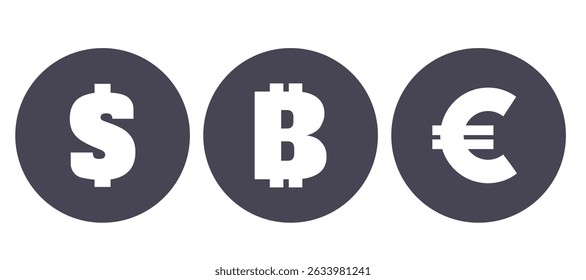 Currency icon set. Money symbols isolated on white background. Bitcoin sign.  American Dollar icon. Euro money sign. Vector illustration for bussiness, financy, currency exchange