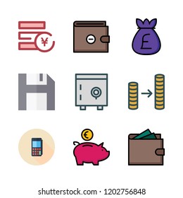 currency icon set. vector set about atm, wallet, yen and save icons set.