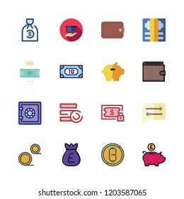currency icon set. vector set about wallet, money, safebox and coins icons set.
