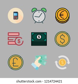 currency icon set. vector set about investment, money, alarm clock id and coin icons set.