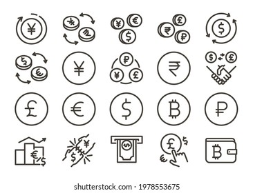 Currency Icon Set. Vector Thin Line Signs And Symbols For Different World Money Currencies, Exchanges, Trading Etc. Dollar, Euro, Chinese Yuan Etc