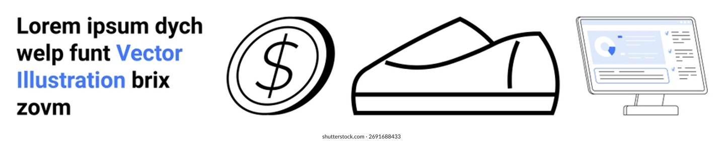 Icono de moneda, contorno del zapato y pantalla de la computadora con interfaz. Ideal para fintech, compras, comercio electrónico, venta minorista en línea, marketing digital, interfaz de usuario, servicios financieros. Página de destino