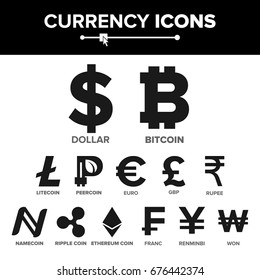 Currency Icon Sign Set Vector. Money. Famous World Currency / Cryptography. Finance Illustration. Bitcoin, Litecoin, Peercoin, Ripple Coin, Etherum, Dollar, Euro, GBP, Rupee, Franc, Renminbi Yuan, Won