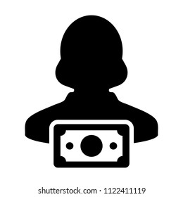 Currency icon vector female user person profile avatar with money symbol in flat color glyph pictogram illustration