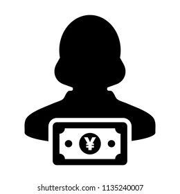 Currency icon vector female user person profile avatar with Yen money symbol for banking and finance business in flat color glyph pictogram illustration