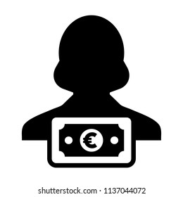 Currency icon vector female user person profile avatar with Euro money symbol for banking and finance business in flat color glyph pictogram illustration