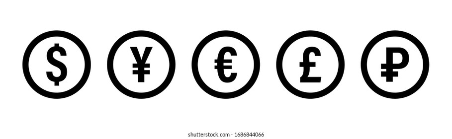 Currency icon. Vector isolated icons or signs. Dollar yuan euro pound publes signs or symbols.  Finance, business currency exchange. Money  currency icon. Black vector currency elements. EPS 10