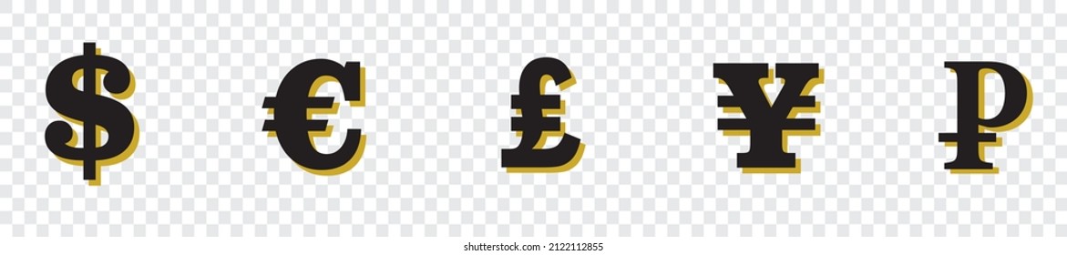 Currency icon. Vector isolated icons or signs. Dollar yuan euro pound rubles signs or symbols. Finance, business currency exchange. Money currency icon. Black vector currency elements.