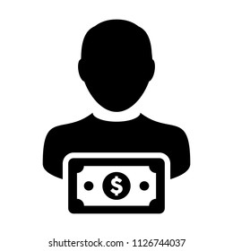 Currency icon vector male user person profile avatar with dollar money symbol for banking and finance business in flat color glyph pictogram illustration
