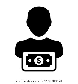 Currency icon vector male user person profile avatar with dollar money symbol for banking and finance business in flat color glyph pictogram illustration