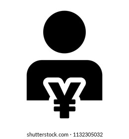 Currency icon vector male user person profile avatar with Yen money symbol for banking and finance business in flat color glyph pictogram illustration
