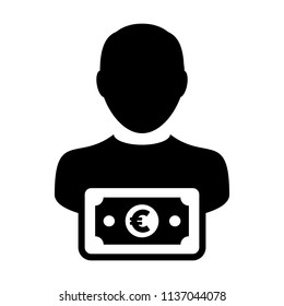 Currency icon vector male user person profile avatar with Euro money symbol for banking and finance business in flat color glyph pictogram illustration