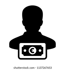 Currency icon vector male user person profile avatar with Euro money symbol for banking and finance business in flat color glyph pictogram illustration