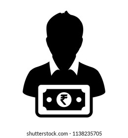 Currency icon vector male user person profile avatar with Rupee money symbol for banking and finance business in flat color glyph pictogram illustration