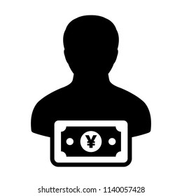 Currency icon vector male user person profile avatar with Yen money symbol for banking and finance business in flat color glyph pictogram illustration
