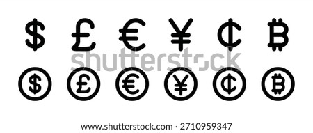 Currency icon vector set. Money kind. Bank coin exchange symbol collection. Contains dollar, pound sterling, euro, yen, cent, bitcoin. Illustration