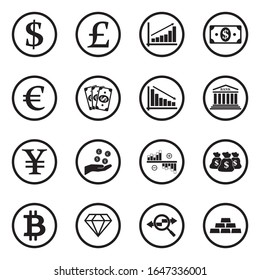 Currency Icons. Black Flat Design In Circle. Vector Illustration.