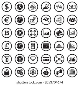 Currency Icons. Black Flat Design In Circle. Vector Illustration.