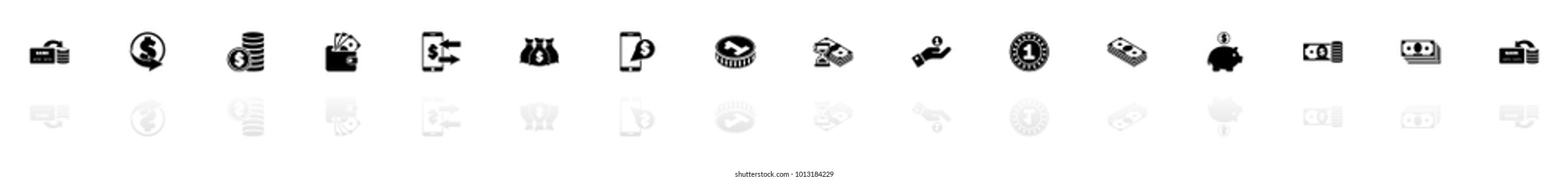 Currency icons - Black horizontal Illustration symbol on White Background with a mirror Shadow reflection. Flat Vector Icon.