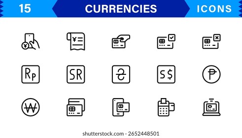 Colección de iconos de moneda — Conjunto de Vectores de arte plano y lineal