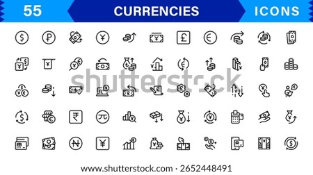 Currency Icons Collection — Flat and Line Art Vector Set