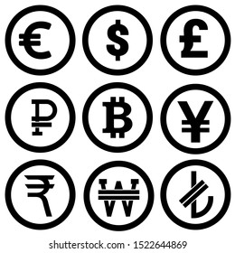 Currency icons. Collection of currency symbols - dollar, euro, pound, rupee, yuan, ruble, lira, bitcoin, . Set isolated on white background. Coins icon. Finance symbol. 