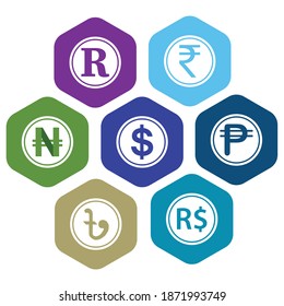 Currency icons. Collection of currency symbols - dollar, rupee, Peso, Taka, Naira, real. Cash icon. Currency exchange symbol. Coins icon. Finance symbol. Currency symbol. Bank payment symbol