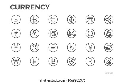 Currency Icons. Dollar, Bitcoin, Euro and other symbols. Editable stroke. 48x48. Pixel perfect.